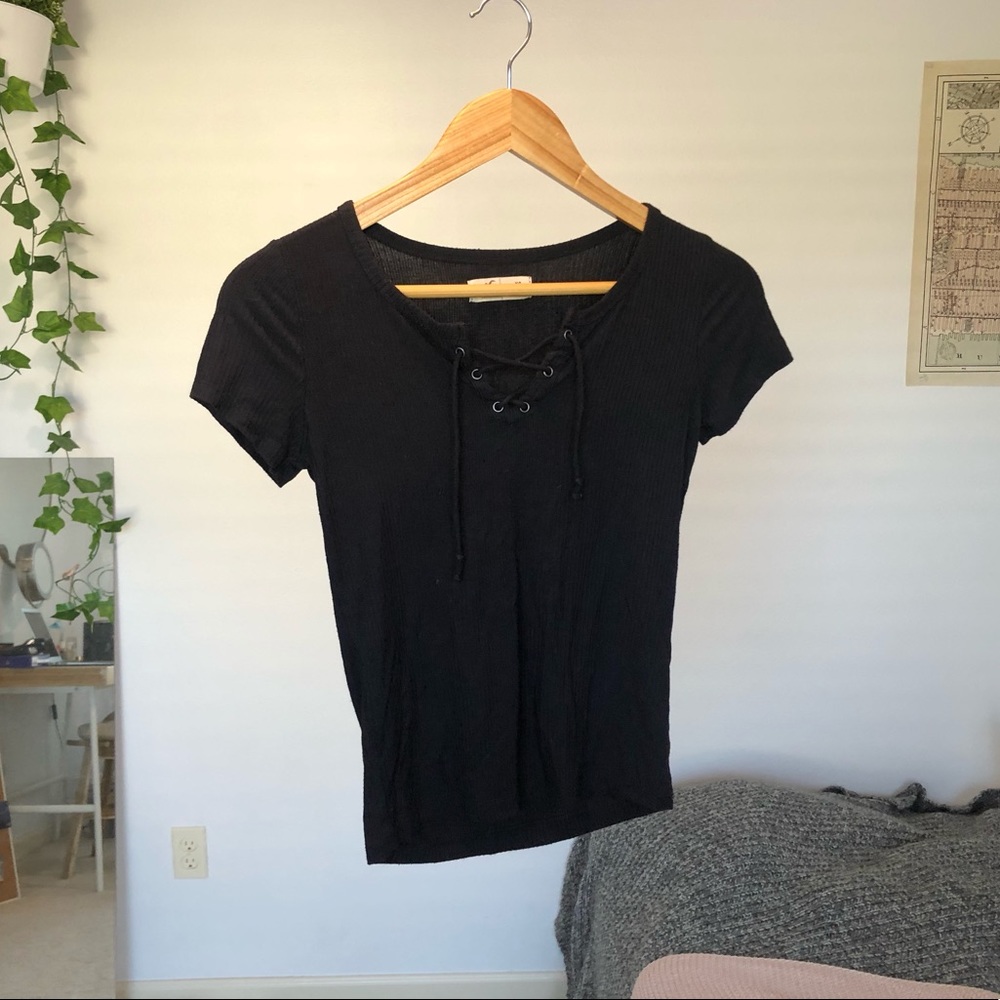 Hollister lace up neck black ribbed top